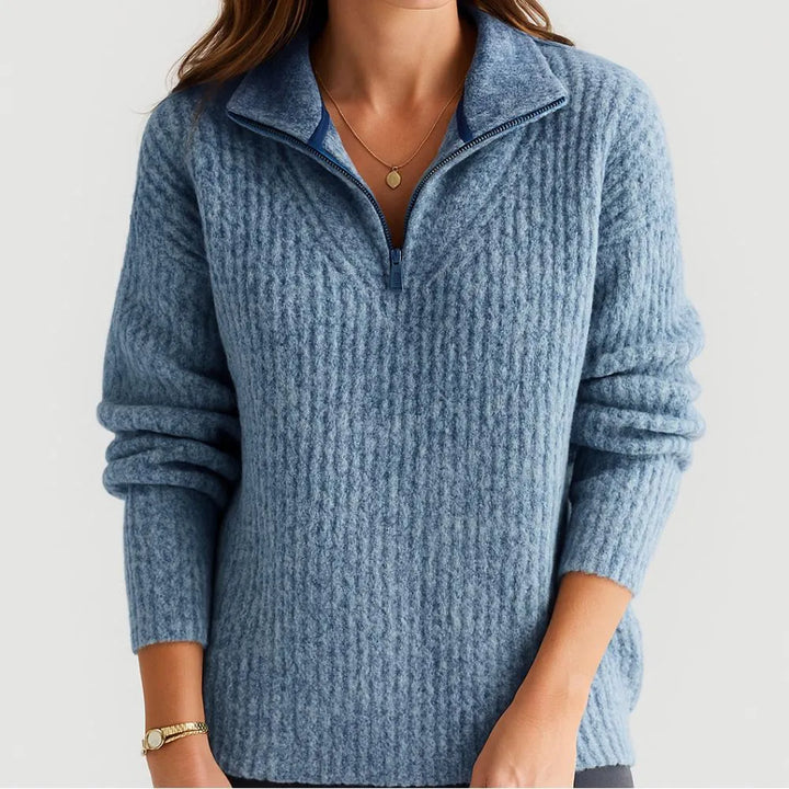 High-Collar Knitted Sweater with Short Zipper