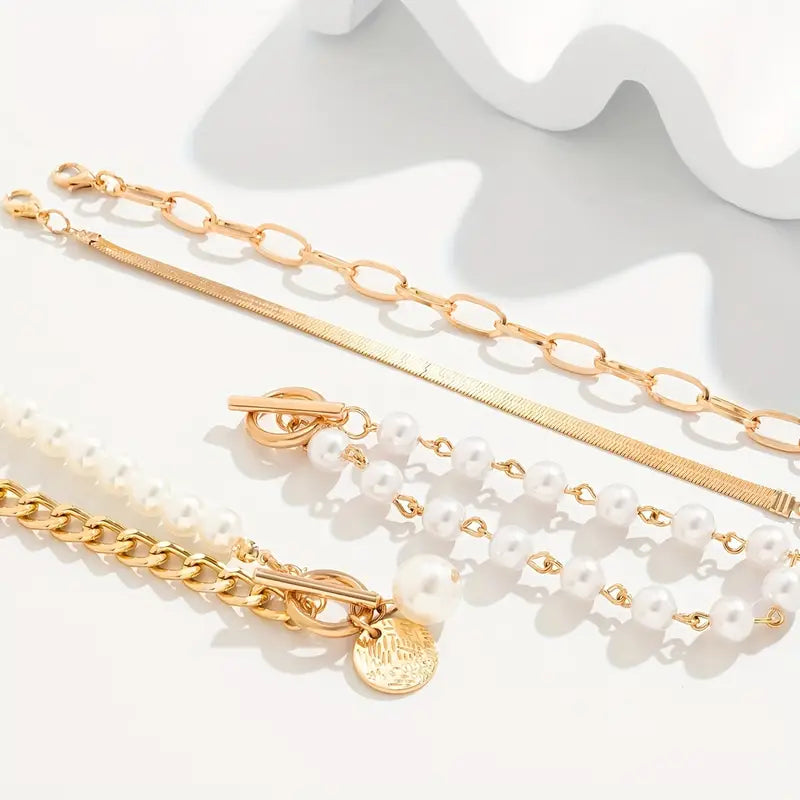 Gold Bracelet Set - Snake, Beads & Links | Gold