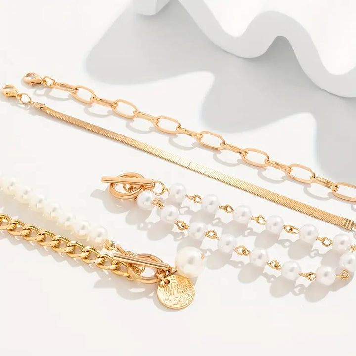Gold Bracelet Set - Snake, Beads & Links | Gold