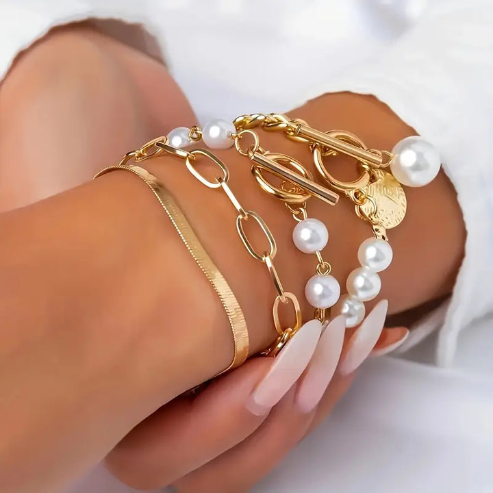 Gold Bracelet Set - Snake, Beads & Links | Gold