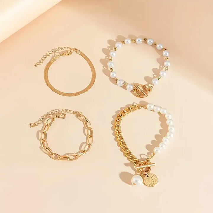 Gold Bracelet Set - Snake, Beads & Links | Gold