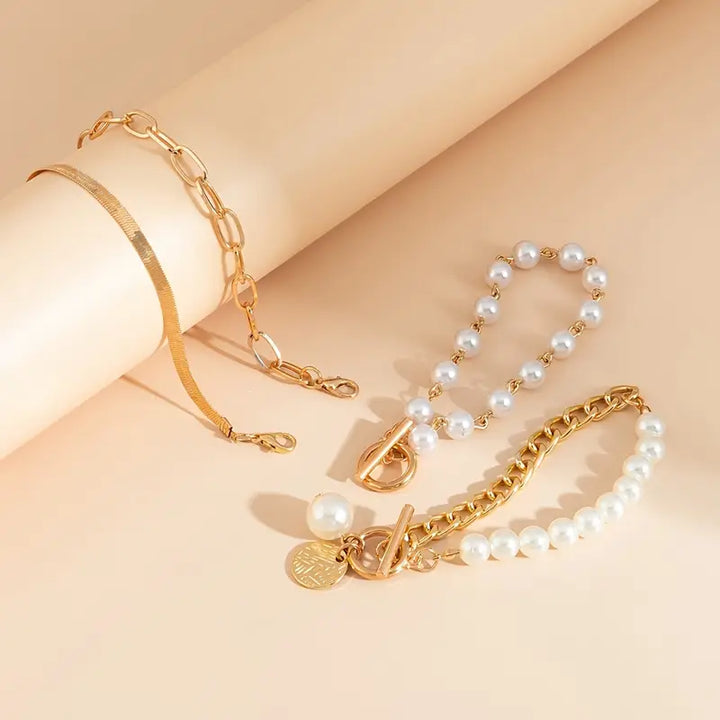 Gold Bracelet Set - Snake, Beads & Links | Gold