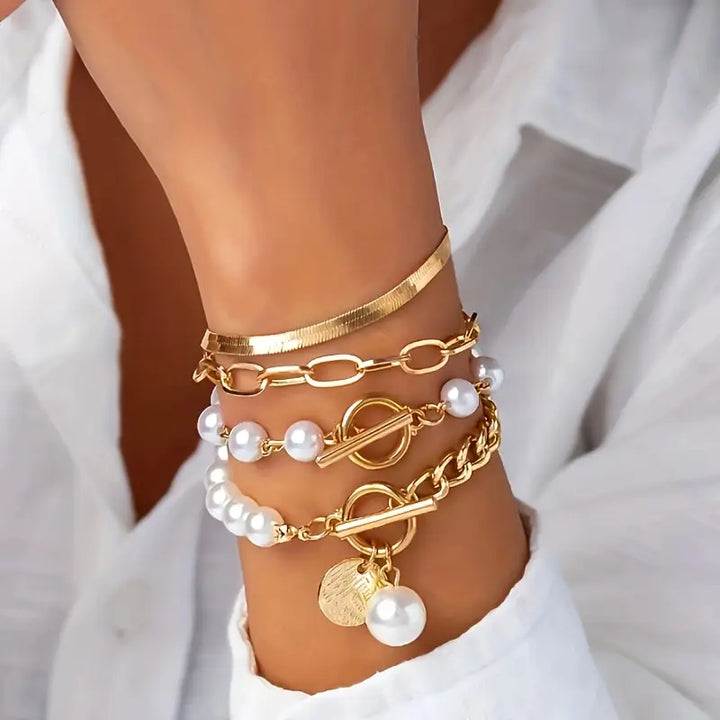 Gold Bracelet Set - Snake, Beads & Links | Gold