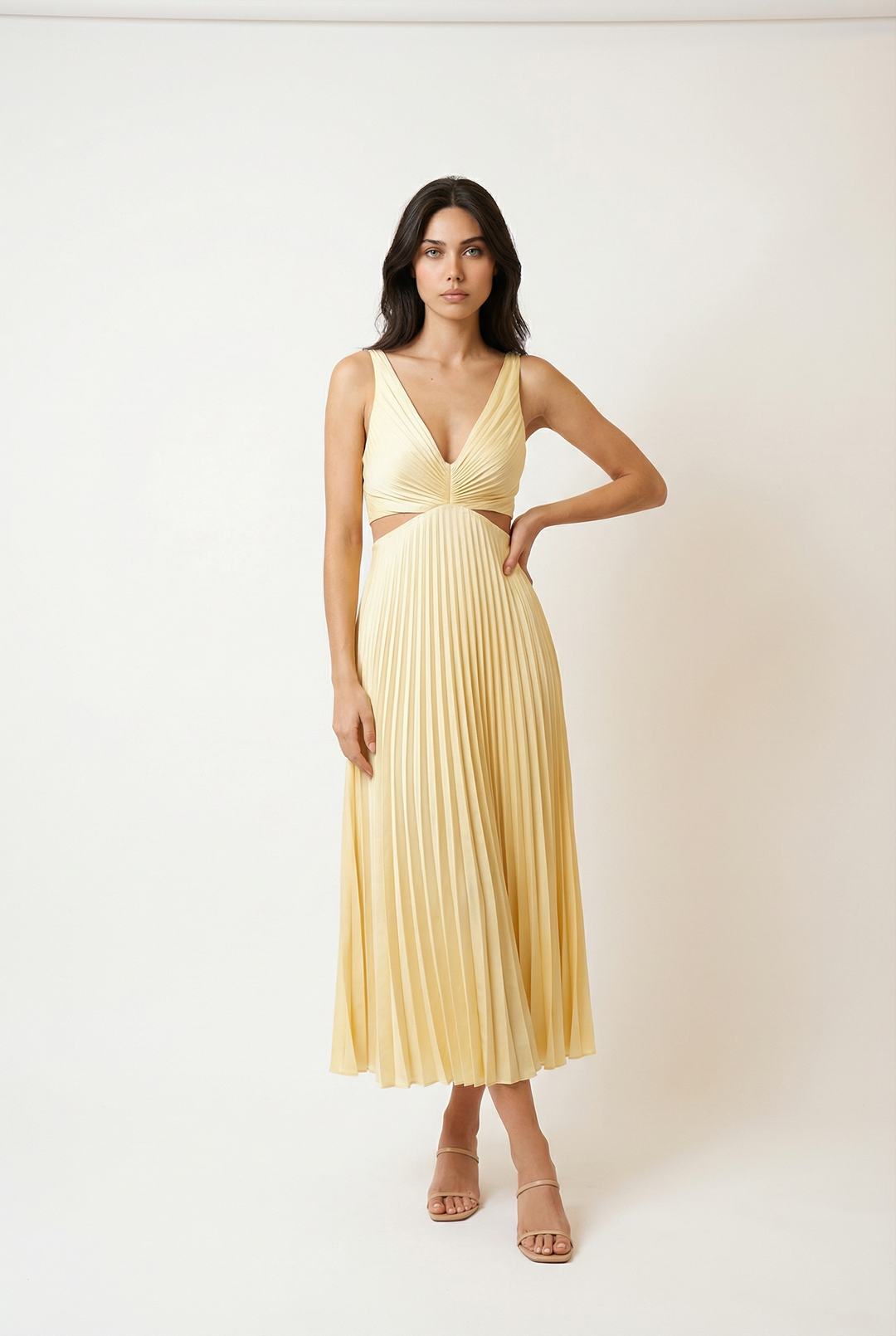 Pleated Midi Dress with Clearly Defined Waist