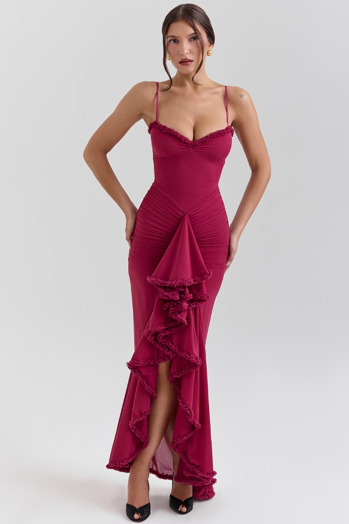 Alena | Textured Maxi Dress with Fitted Silhouette and Ruching Details