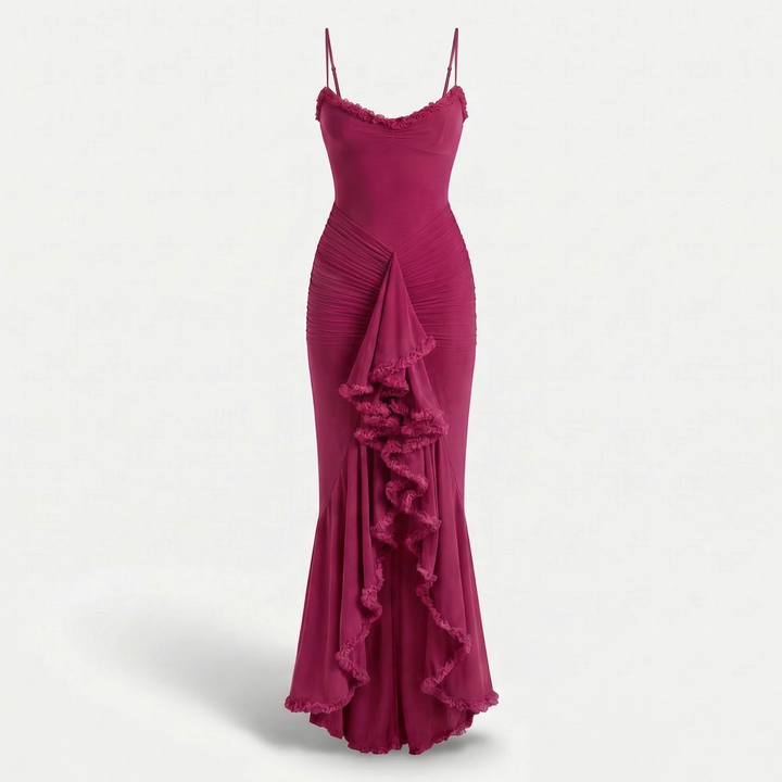Alena | Textured Maxi Dress with Fitted Silhouette and Ruching Details