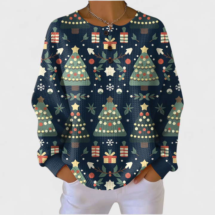 Bláthnaid - Navy Blue Christmas Tree Pattern Jumper