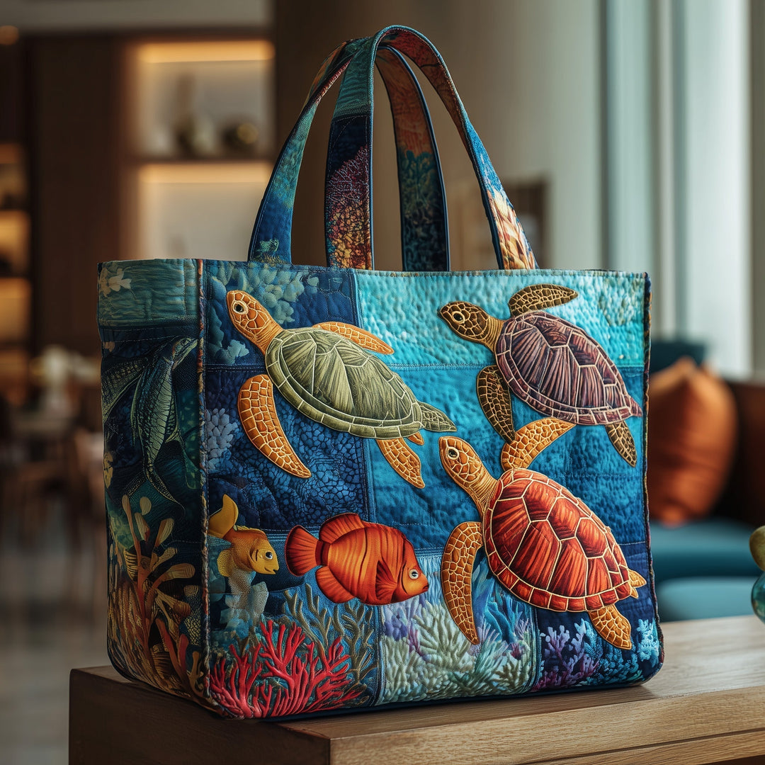 Tote Bag with Turtle Embroidery from the Ocean Depths - GFTOTP9737