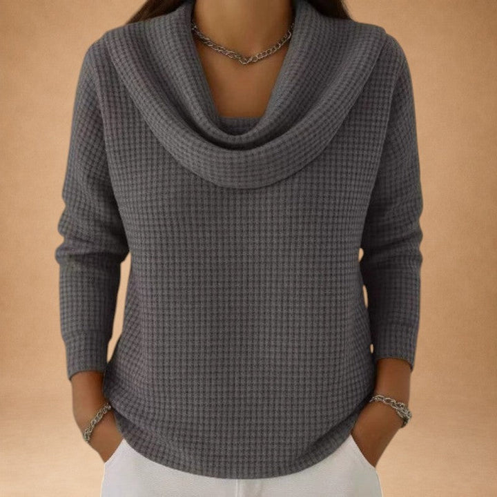 Marina – Warm Knitted Top with Waffle Texture and Elegant Draped Collar