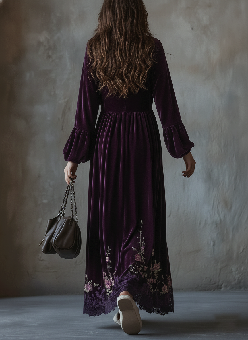 Velvet Maxi Dress Adorned with Embroidered Floral Designs