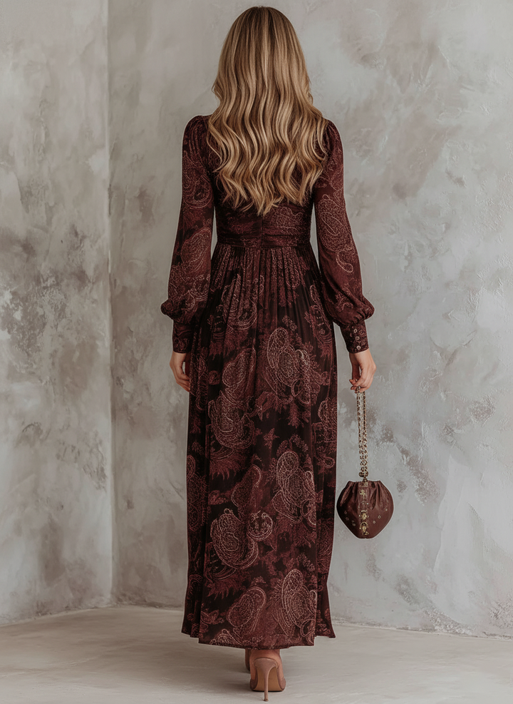 Paisley Print Retro Midi Dress with Long Sleeves and Zip Neck