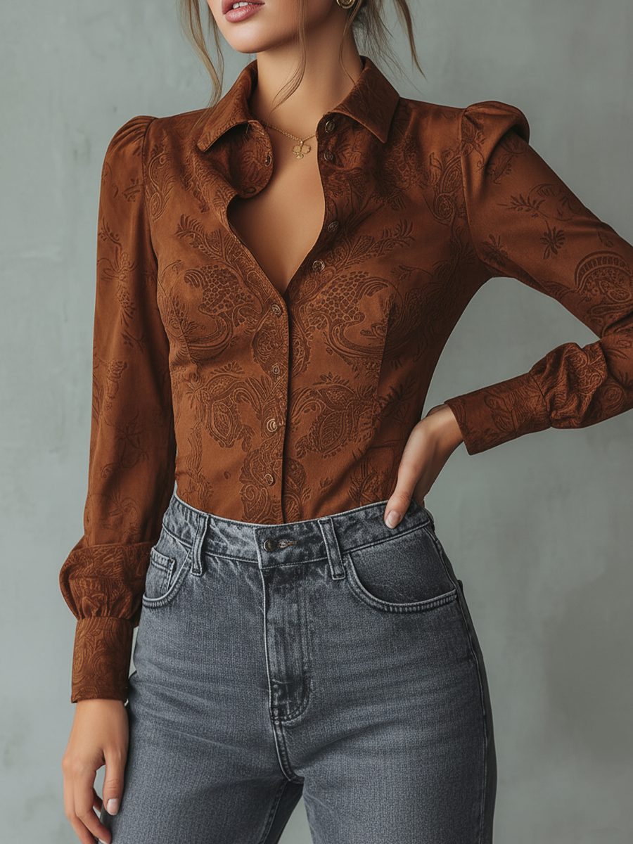 Vintage-Inspired Paisley Sustainable Long Sleeve Suede Blouse