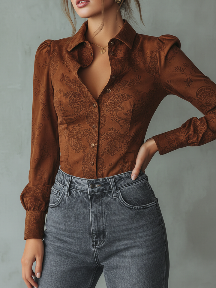 Vintage-Inspired Paisley Sustainable Long Sleeve Suede Blouse