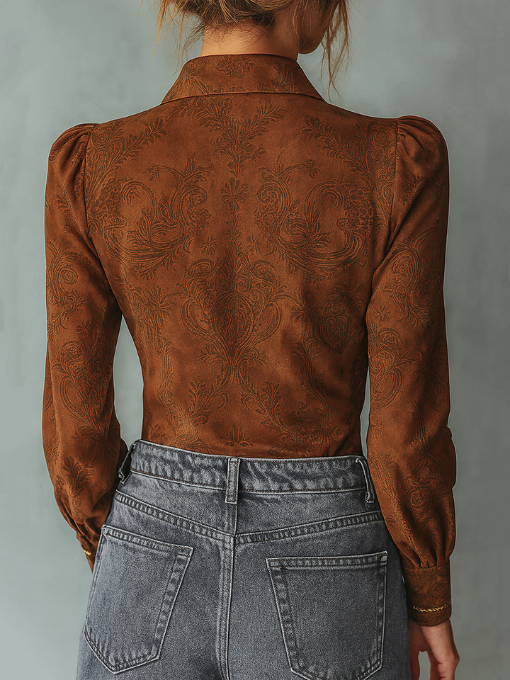 Vintage-Inspired Paisley Sustainable Long Sleeve Suede Blouse