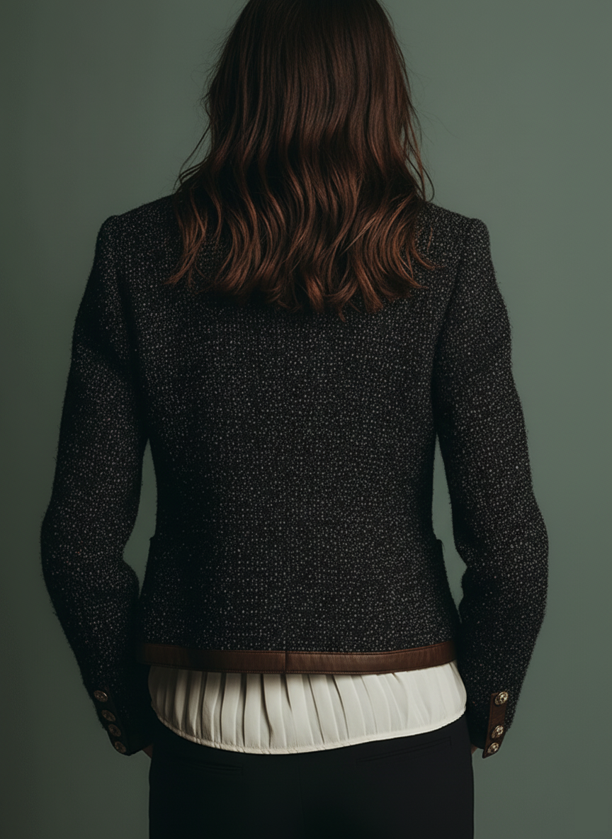 Timeless Vintage Tweed Jacket Featuring Leather Accents