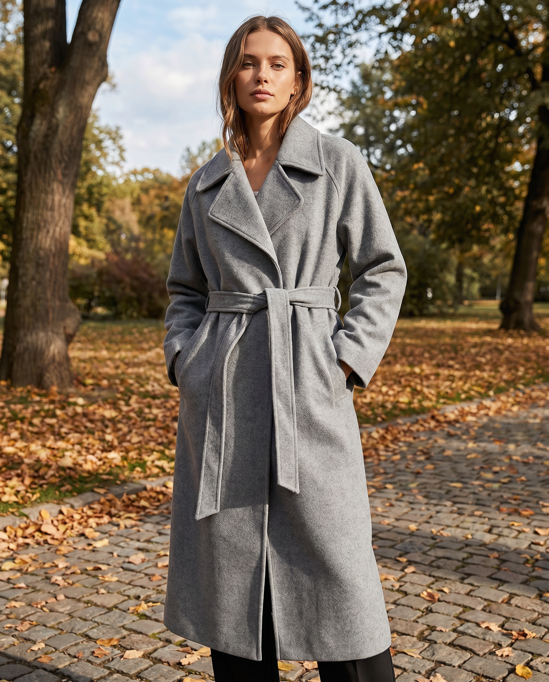 Women's Timeless Wool Blend Long Coat with Adjustable Belt