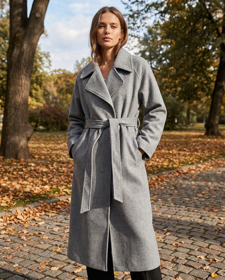 Women's Timeless Wool Blend Long Coat with Adjustable Belt