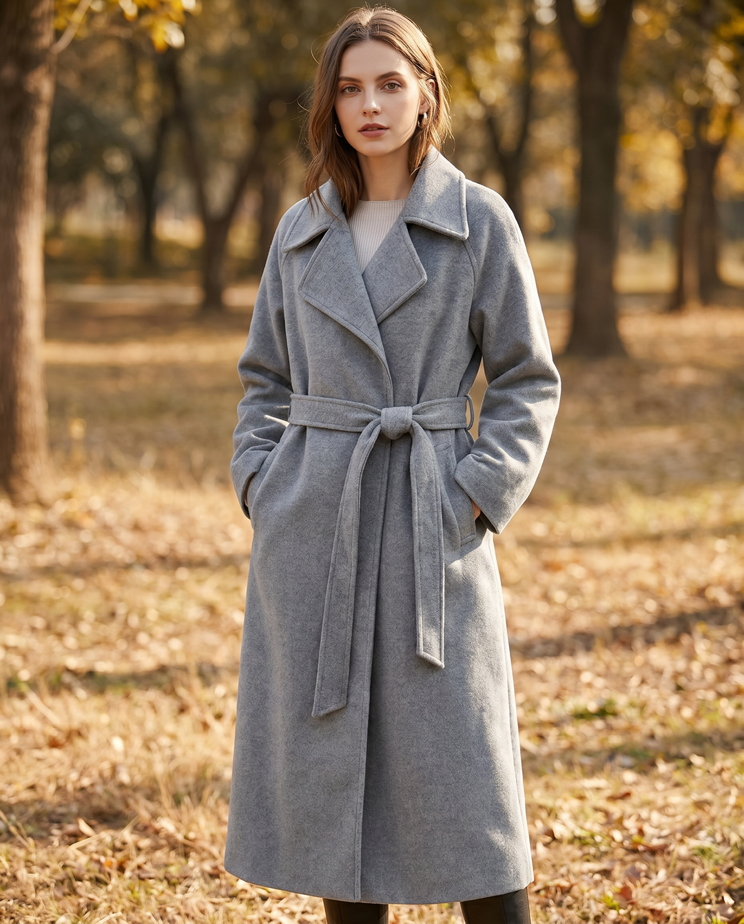 Women's Timeless Wool Blend Long Coat with Adjustable Belt