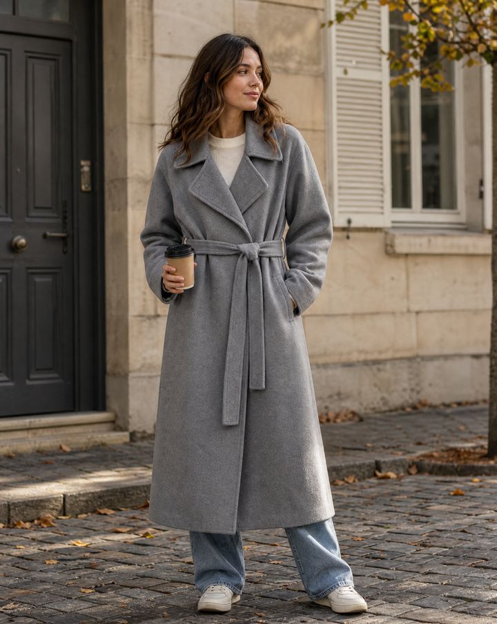 Women's Timeless Wool Blend Long Coat with Adjustable Belt