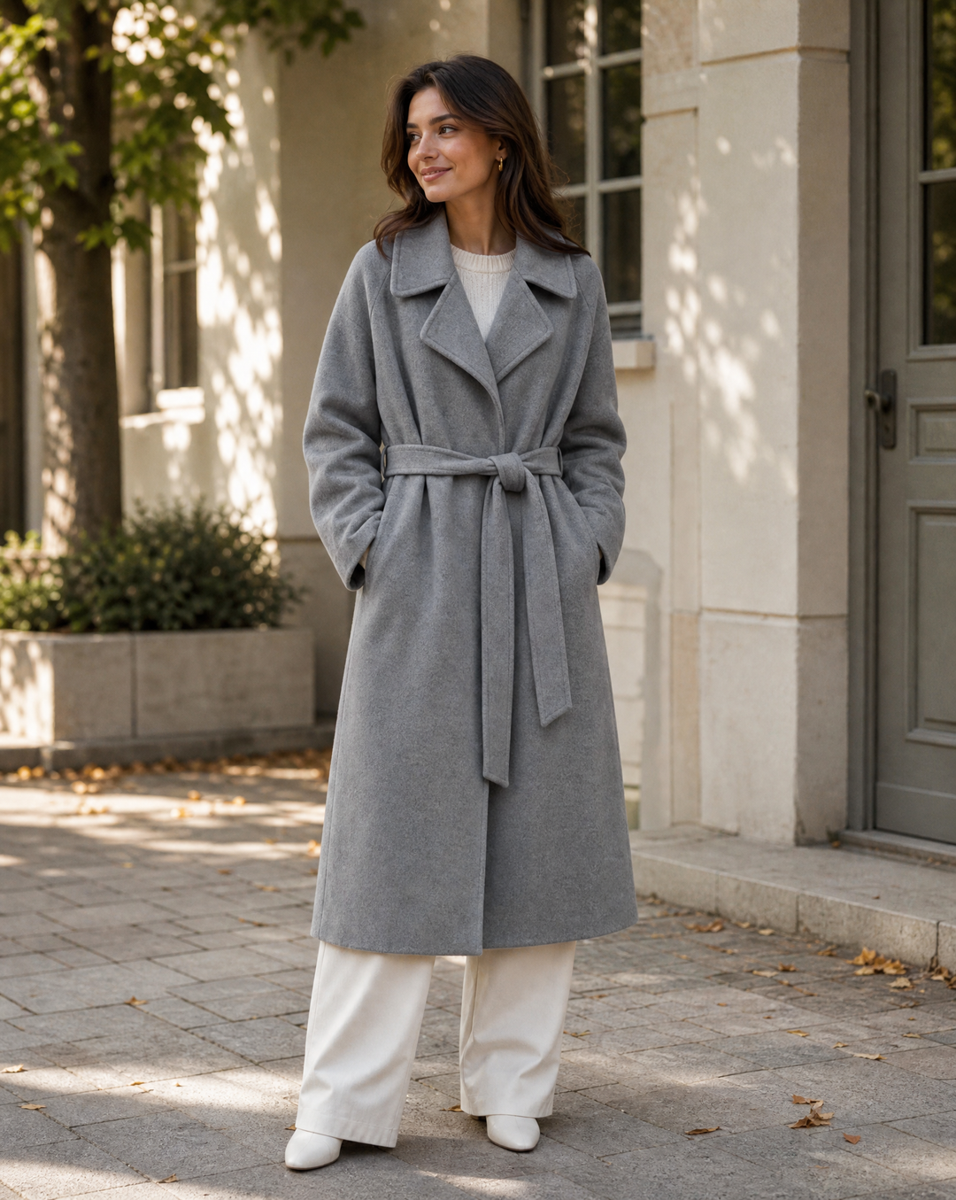 Women's Timeless Wool Blend Long Coat with Adjustable Belt