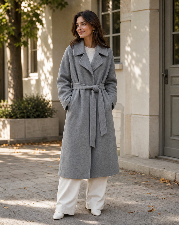 Women's Timeless Wool Blend Long Coat with Adjustable Belt