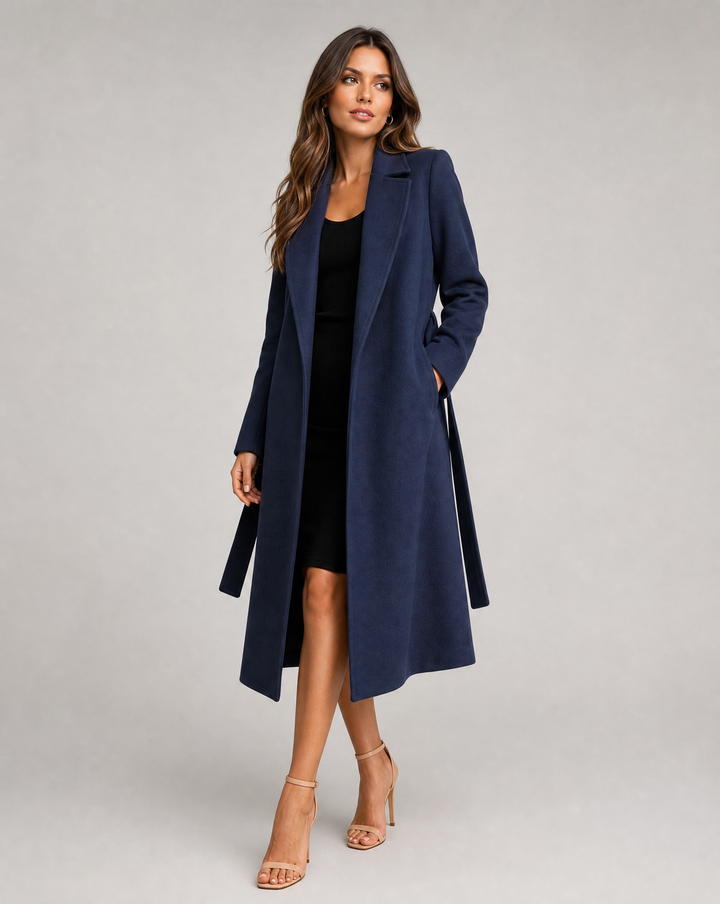 Elegant Women's Long Wool Trench Coat with Belt and Full Sleeves for Winter