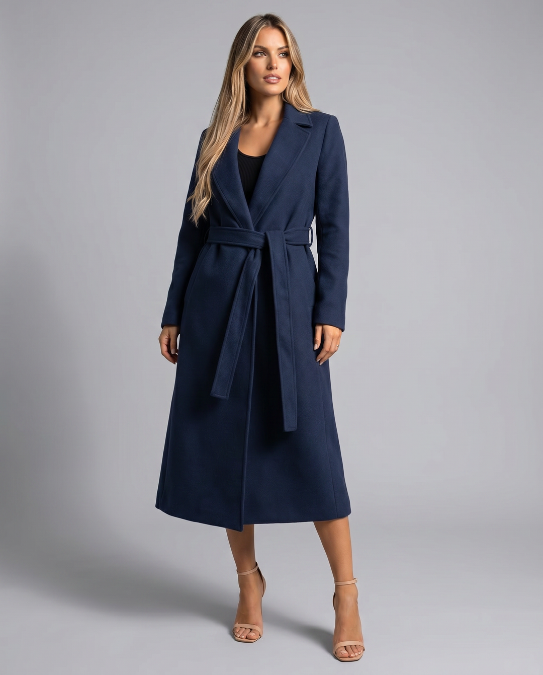 Elegant Women's Long Wool Trench Coat with Belt and Full Sleeves for Winter