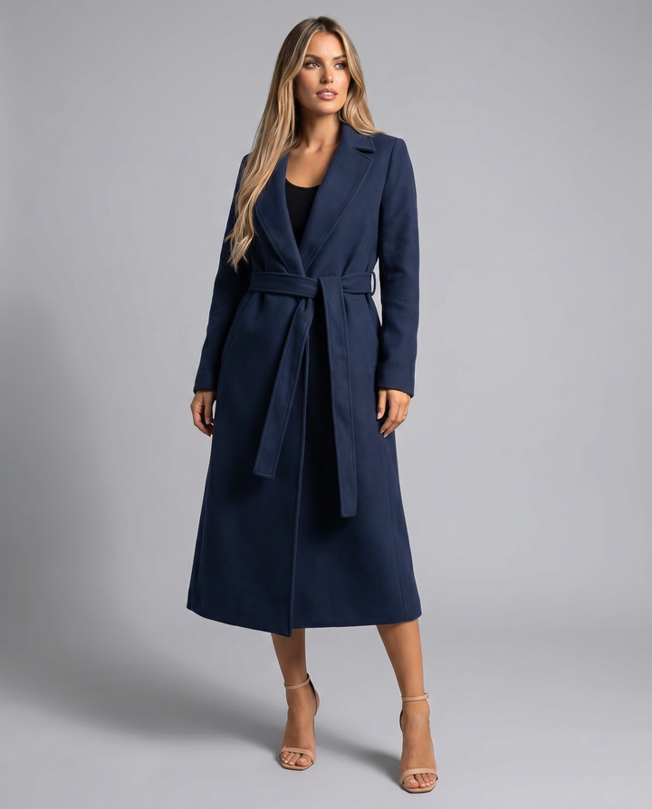 Elegant Women's Long Wool Trench Coat with Belt and Full Sleeves for Winter