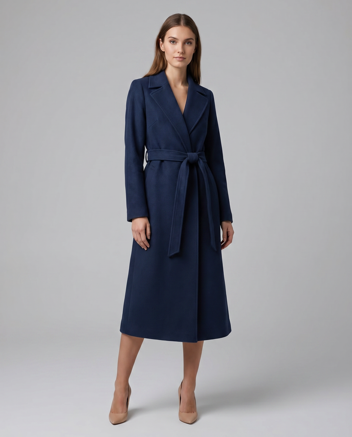 Elegant Women's Long Wool Trench Coat with Belt and Full Sleeves for Winter