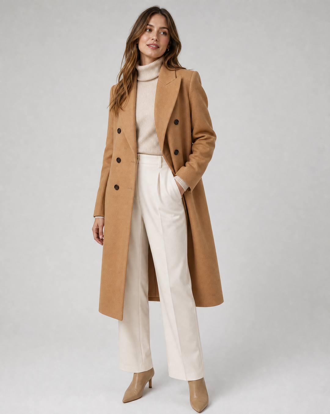 Chic Women's Wool Coat with Double Front and Long Sleeves
