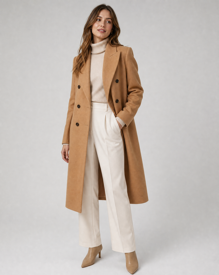 Chic Women's Wool Coat with Double Front and Long Sleeves