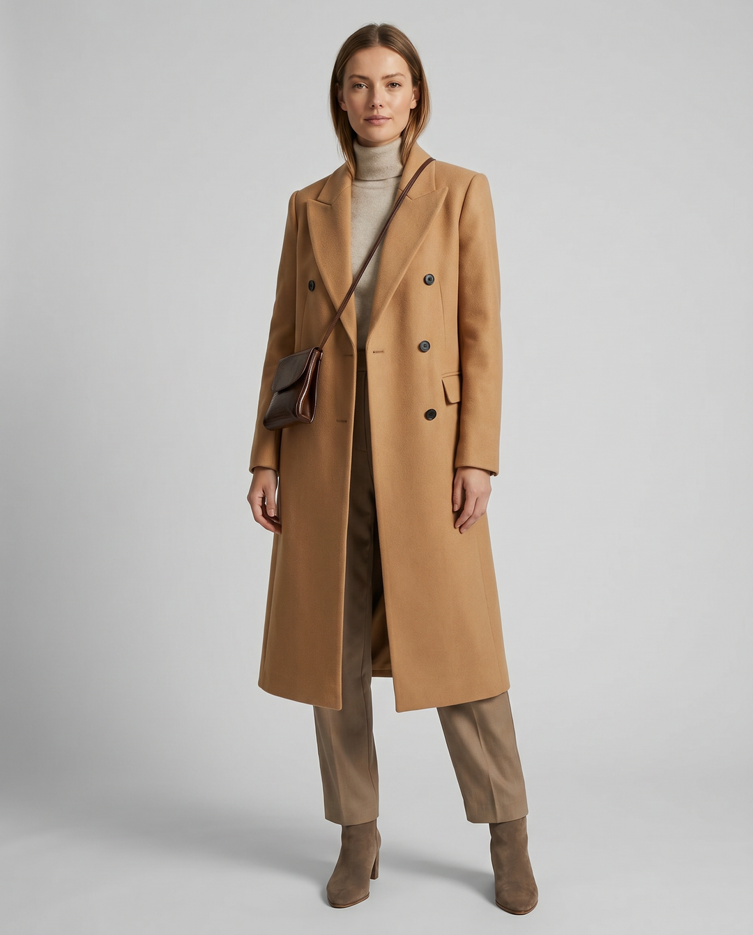 Chic Women's Wool Coat with Double Front and Long Sleeves