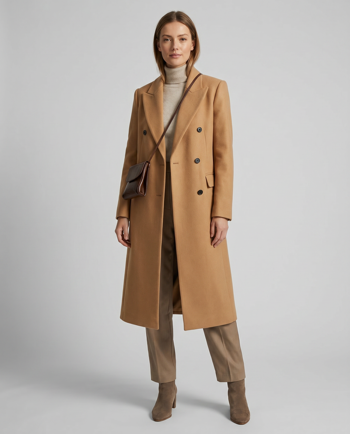Chic Women's Wool Coat with Double Front and Long Sleeves