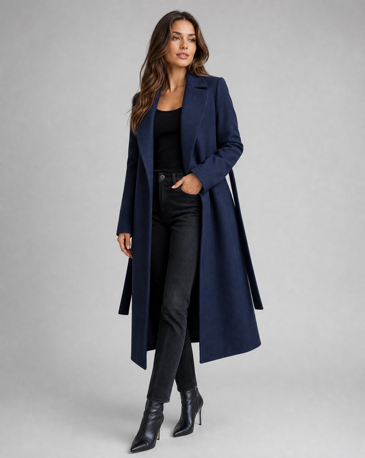 Elegant Women's Long Wool Trench Coat with Belt and Full Sleeves for Winter