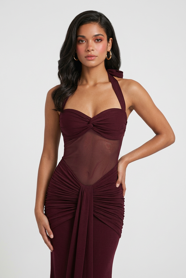 Viktória | Burgundy Maxi Dress Featuring a Neck Tie