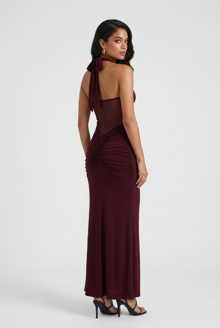 Viktória | Burgundy Maxi Dress Featuring a Neck Tie