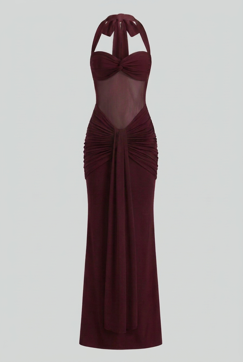 Viktória | Burgundy Maxi Dress Featuring a Neck Tie