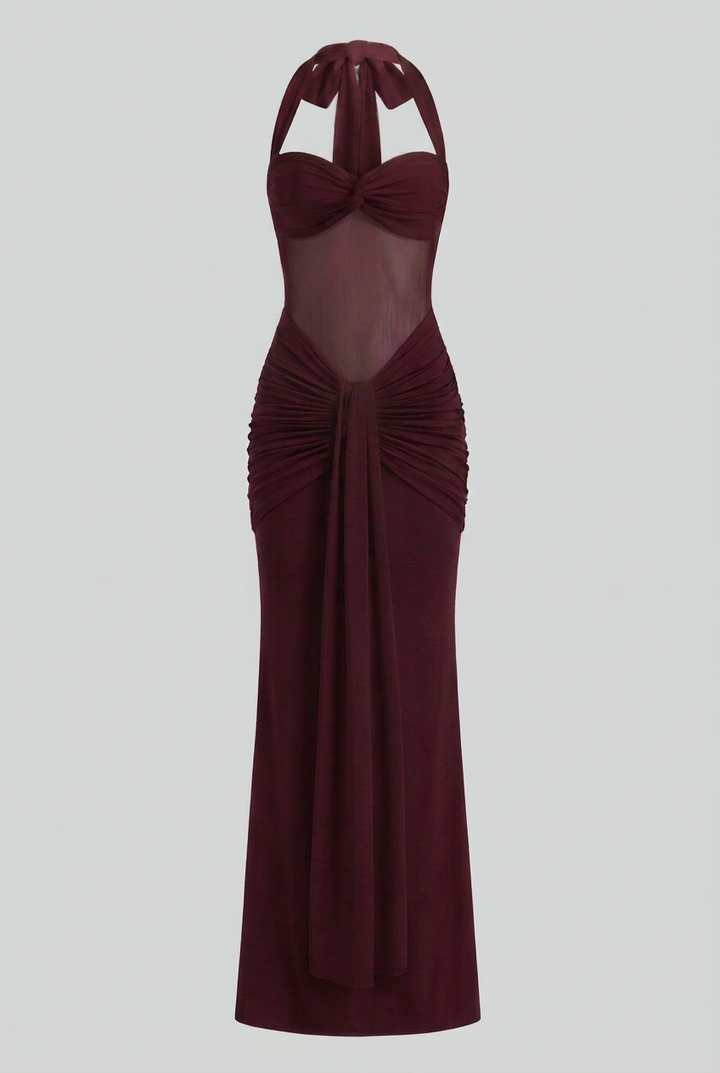 Viktória | Burgundy Maxi Dress Featuring a Neck Tie