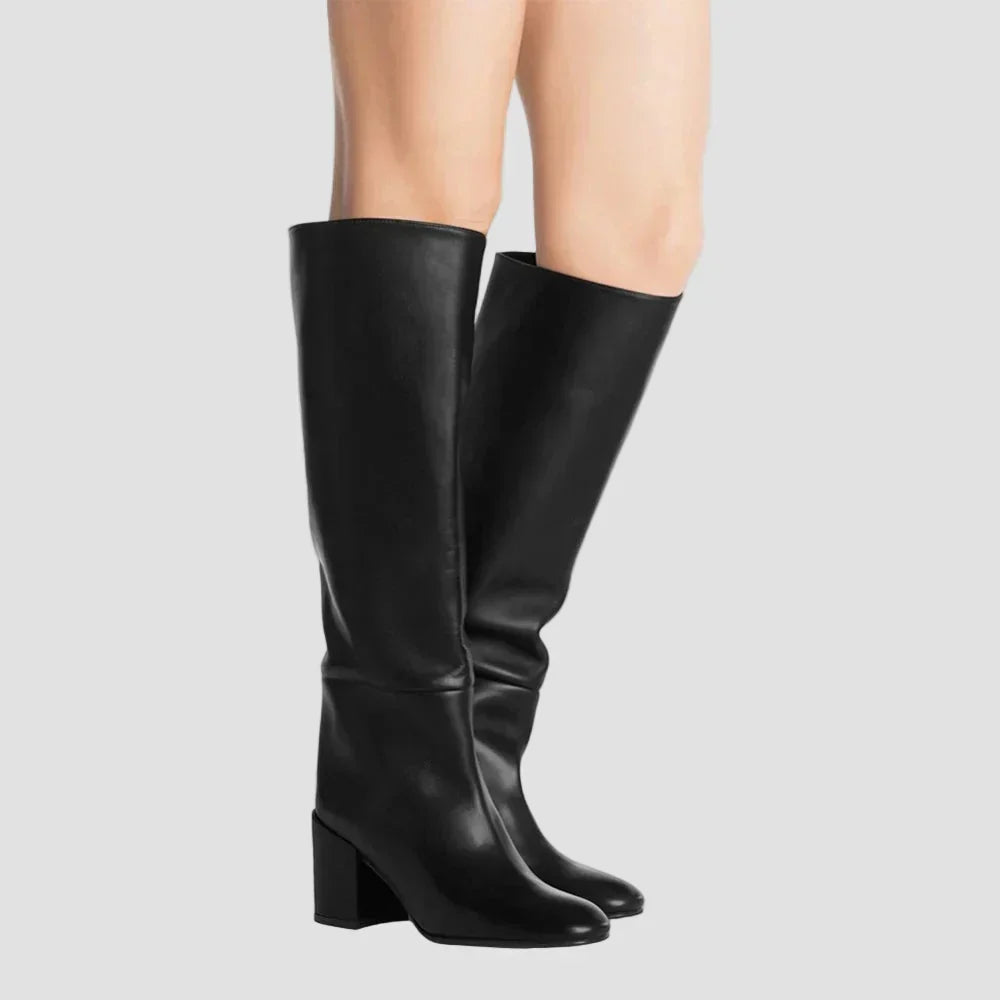 Anastasia - Black Knee-High Boots with Chunky Heel