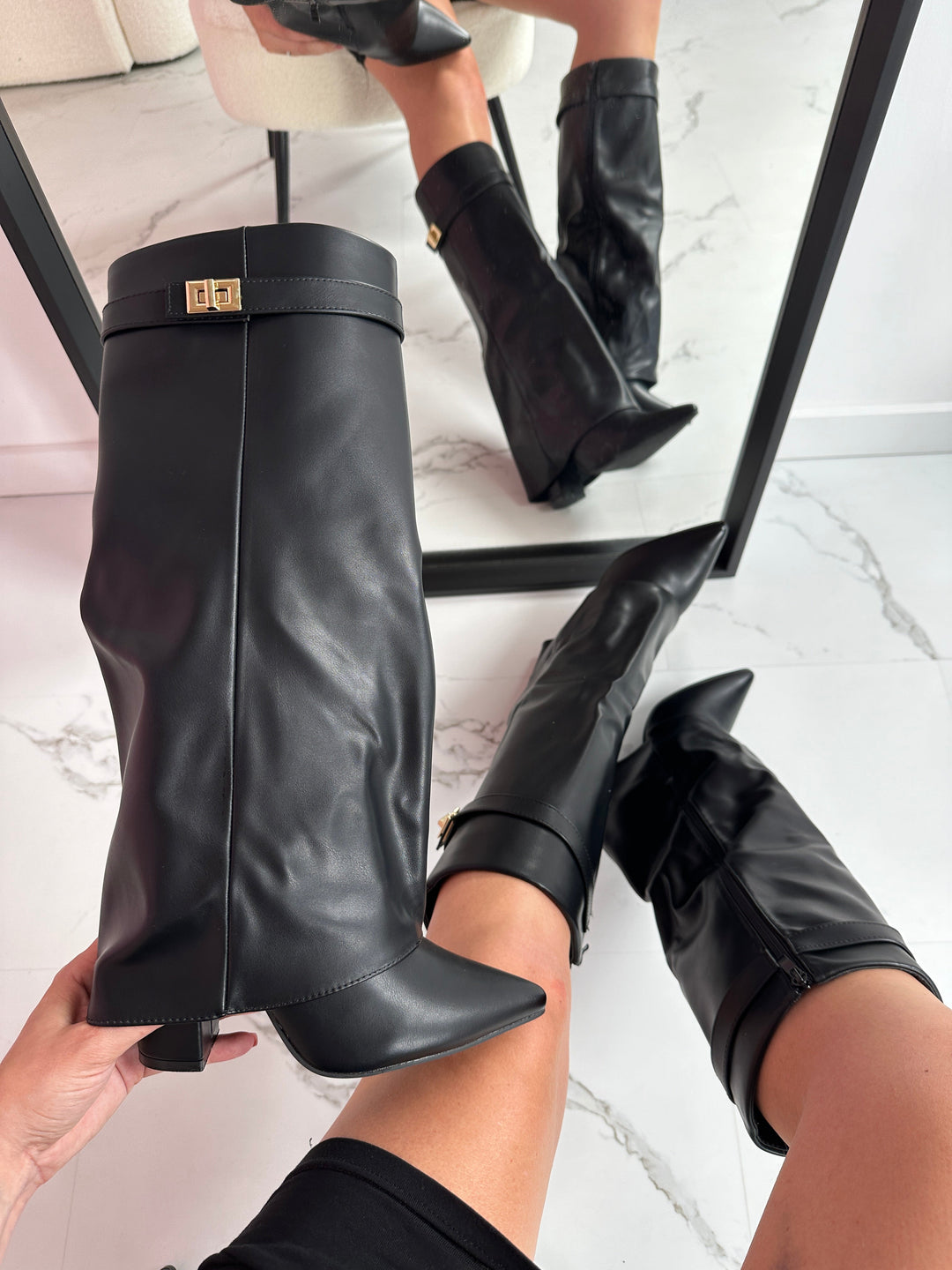 Metallic Fastened High Boots with Low Heel