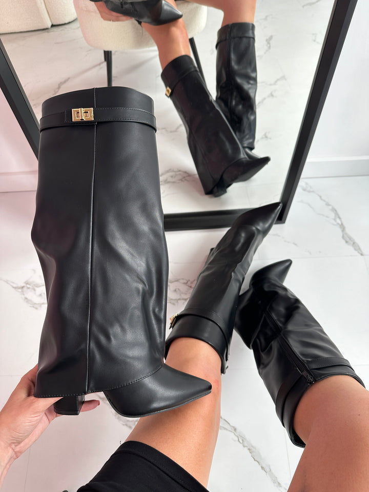 Metallic Fastened High Boots with Low Heel