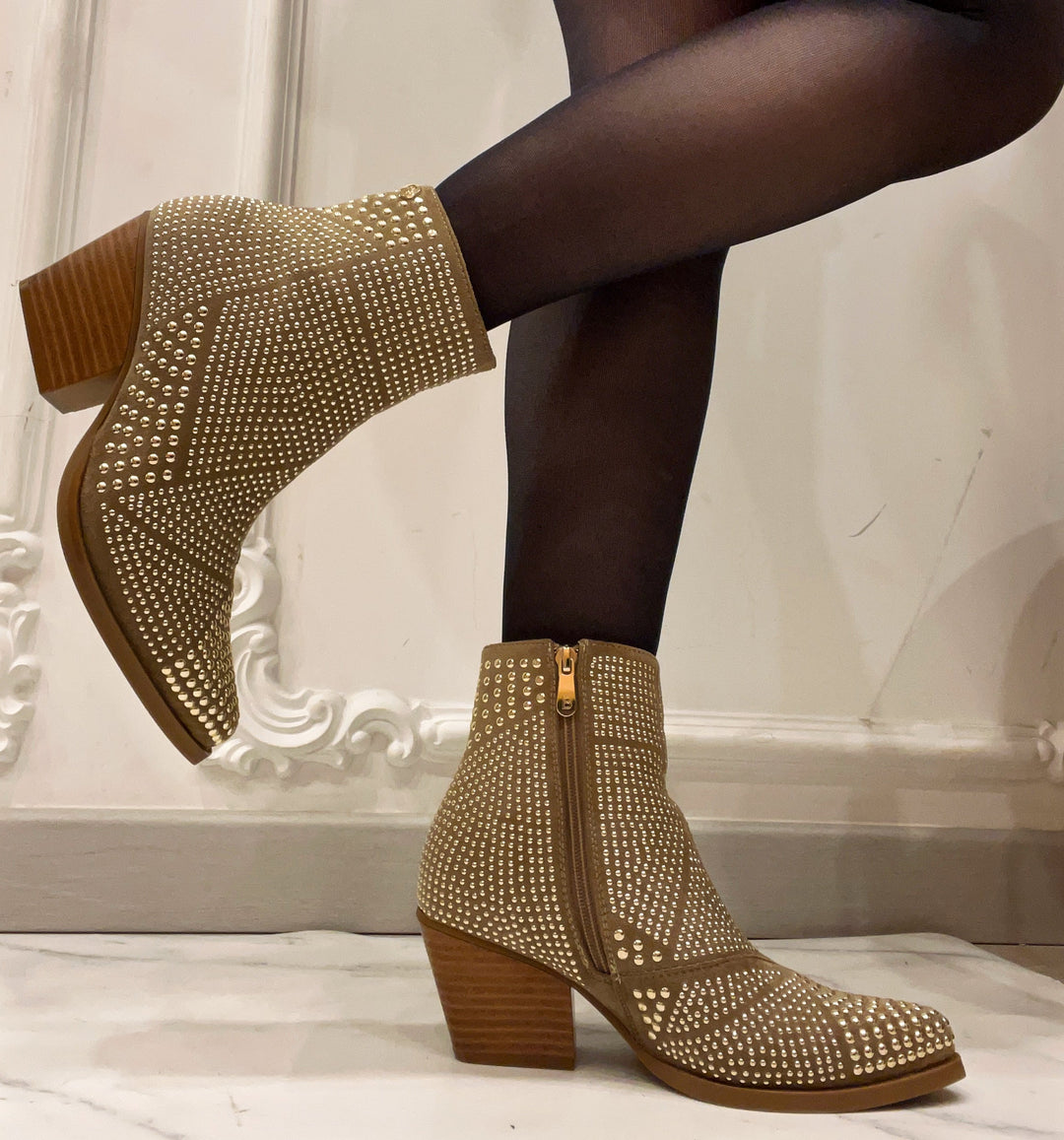 Khaki Ankle Boots with Perforated Design