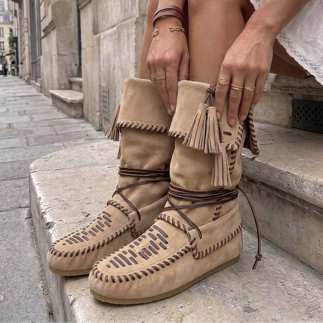 Embellished Boots with Decorative Stitching and Tassels