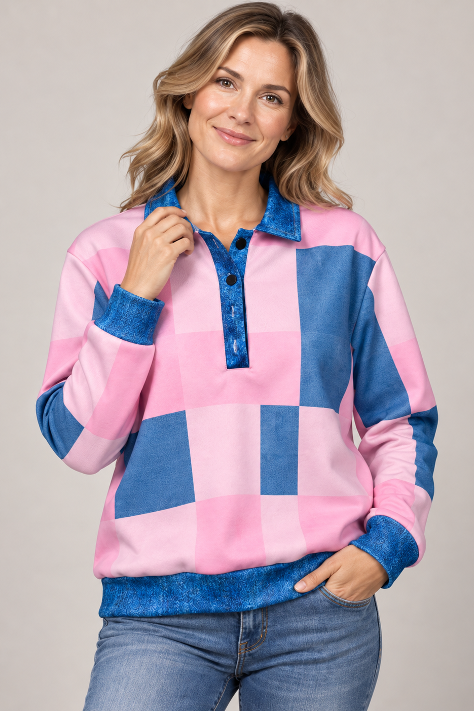 Collared Checked Sweatshirt with Button Details