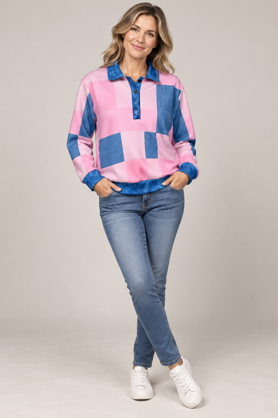 Collared Checked Sweatshirt with Button Details