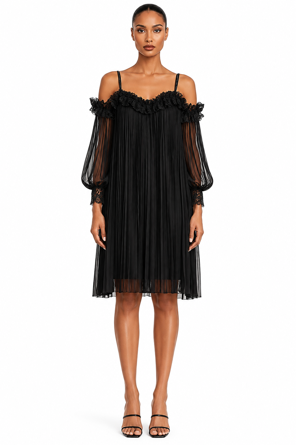 Marta | Black Mini Dress Featuring Exposed Shoulders and Elegant Trim