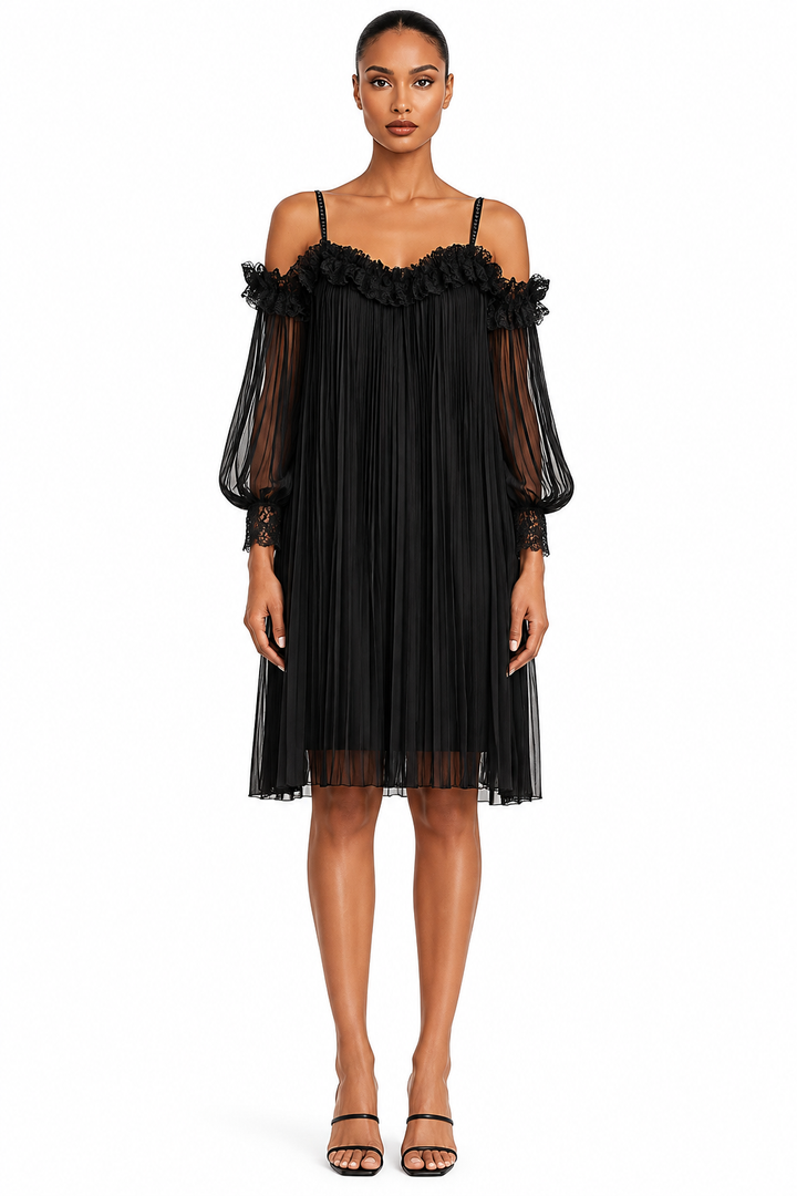 Marta | Black Mini Dress Featuring Exposed Shoulders and Elegant Trim