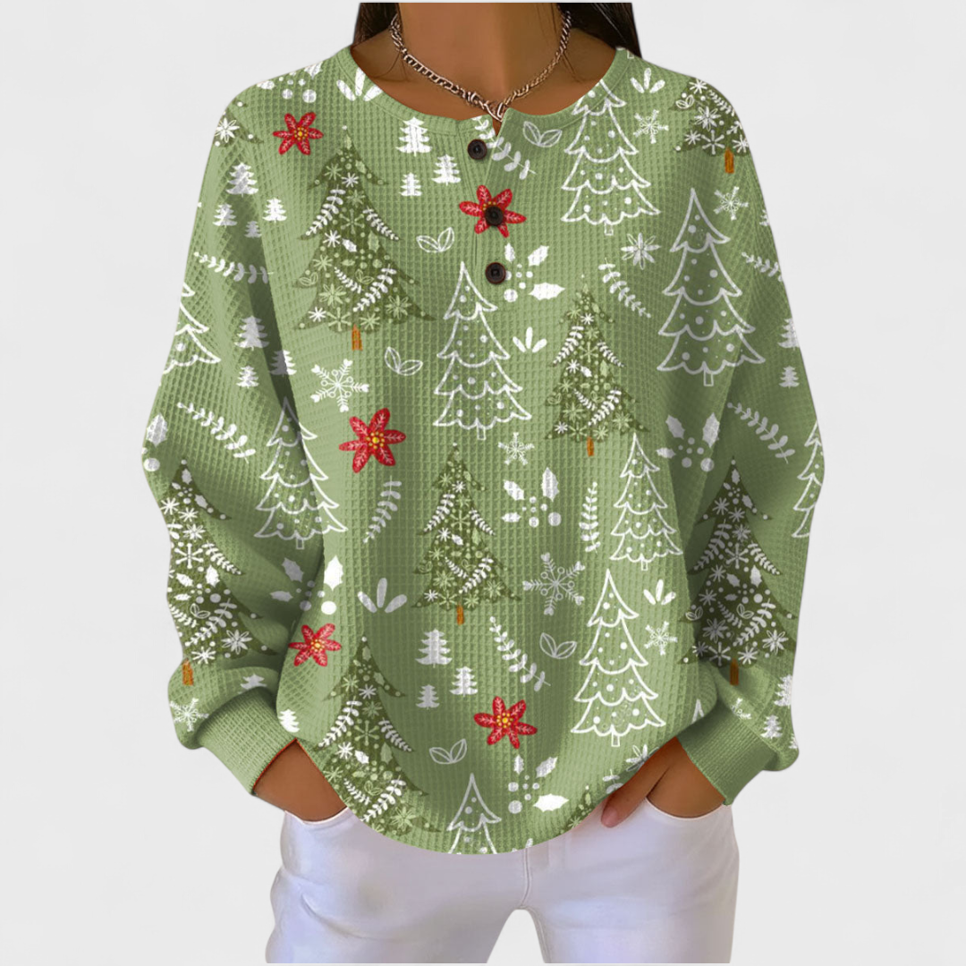 Siobhán - Festive Green Jumper Featuring Christmas Tree Design