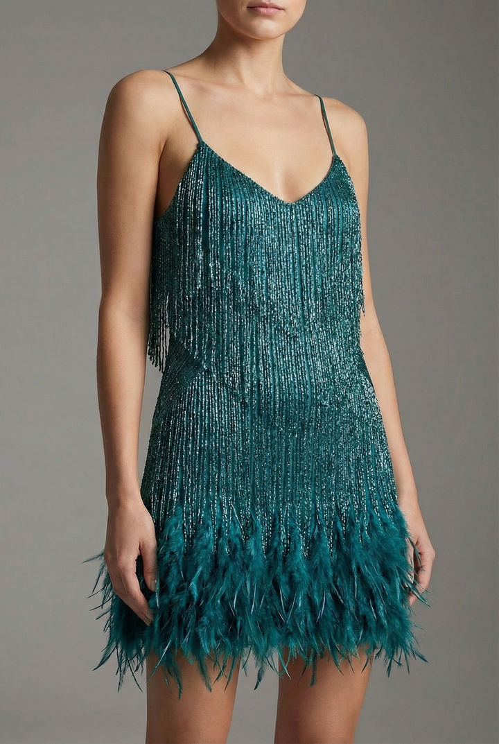 Ursula | Feather-Trimmed Sparkling Mini Dress