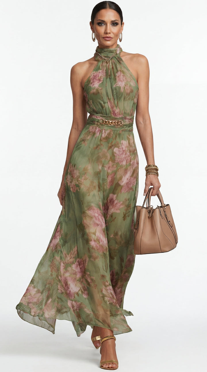 Livia™ | Elegant Floral Maxi Dress with Halter Neckline